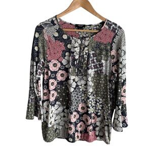 Olsen Multicolor Floral Blouse M/L Bell Sleeve Elastic Hem Pretty Feminine EUC